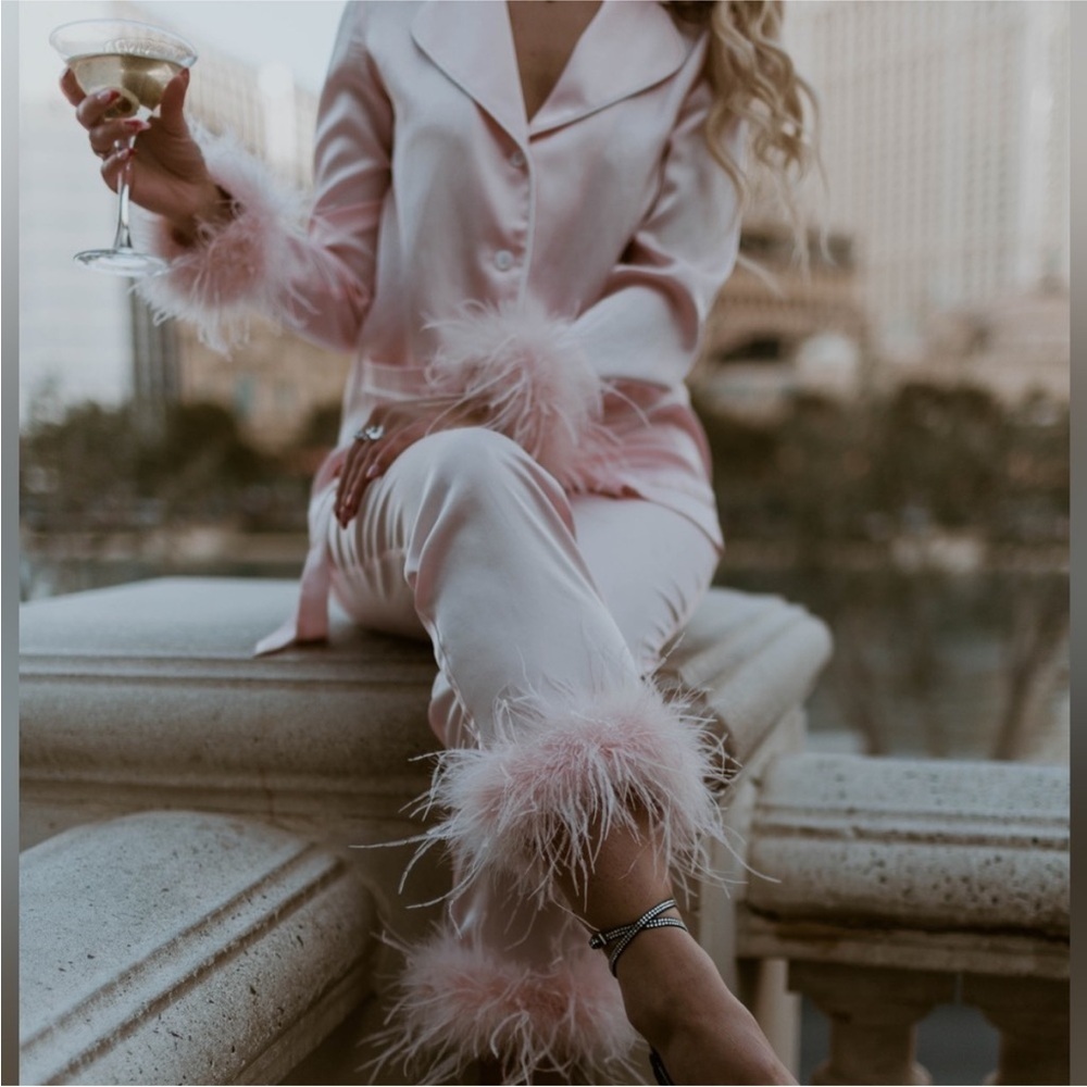 Nadine Merabi Darcie Pink Pajamas Feather Trim